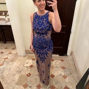 Royal Blue Floral Embroidered sheath gown by JS Collections Size 6